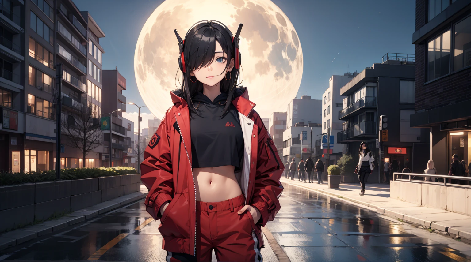 (best quality), ((masterpiece)), (highres), illustration, original, extremely detailed, 1girl, headphones, solo, hands in pockets, sky background, midriff, pants, blue eyes, hair over one eye, simple background, shoes, black hair, long hair, hood, full body, red jacket, looking at viewer, hoodie, sneakers, hoop earrings, crop top, red pants, standing, jacket, baggy pants, dark-skinned female, breasts, closed mouth，night Sky, night, rooftop ,