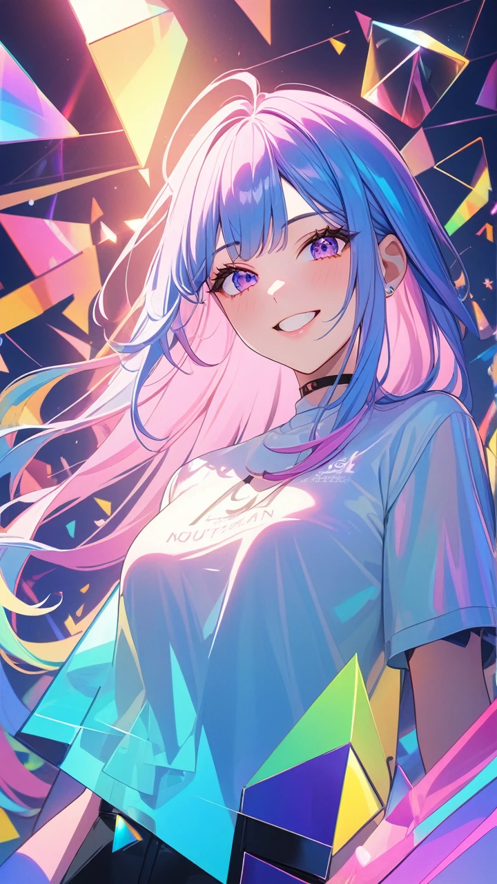 masterpiece,bestquality,superwideangle,fingeraudience,1girl,pinkandbluehair,hand,futuristic clothes,cuteanimeface,tears,masterpiece,transparentcolorPVCclothing,transparentcolorvinylclothing,wholebody,glitchlump}onface,smile,mediumhair,filmgrain,lens_flare,colorful,chromaticaberration,dynamicpov,closedmouth,Intenseemotionalexpression:death,glitchart,ultra-detailed,extremelydelicateandbeautiful,albumcover,album,albumdescription,Pixilationonface,Doubleexposure,ChromaticAberration,Lightleaks,Noiseandgrain,Colordegradation,Glitchlettering,art,abstractart,geometry,clearlines,squares,bright,limitedpalette,{canonicalcomposition},neatdiagonalstripedbackground,{{bluewithwhitestripedbackground}},{limitedpalette},flatcolored,blueandwhite,