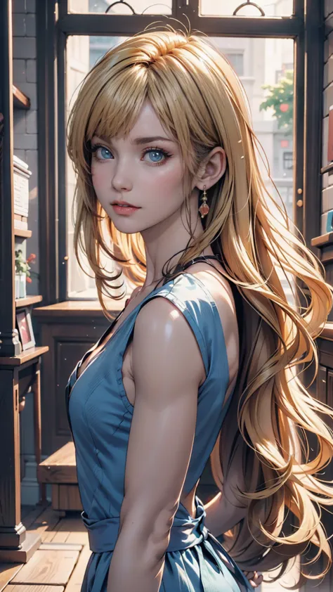 a blonde woman with long hair and a blue dress is posing for a photo, realistic anime art style, photorealistic anime girl rende...