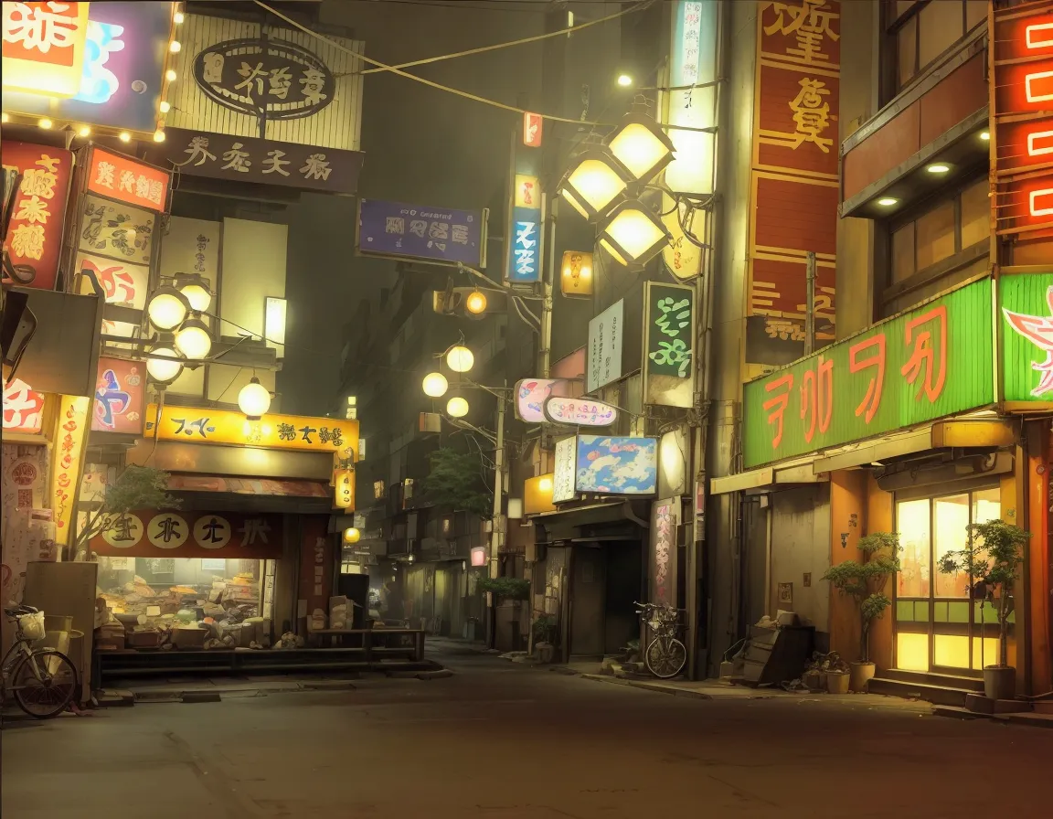 一张anime style的东京街头小巷场景，building with many neon signs，more details of neon signs，detailed details，garbage pile in the corner，tras...