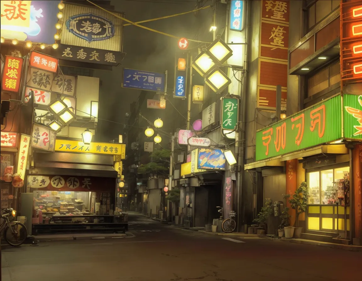 一张anime style的东京街头小巷场景，building with many neon signs，more details of neon signs，detailed details，garbage pile in the corner，tras...