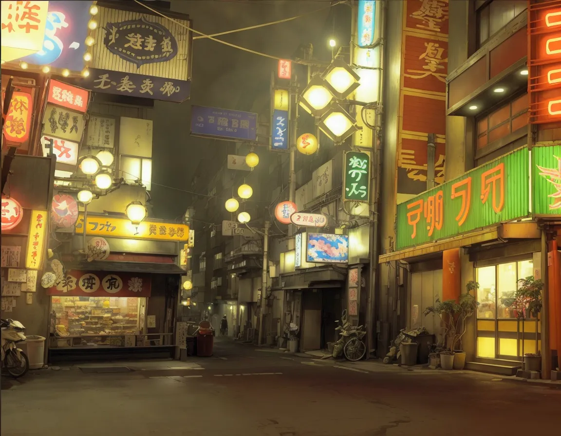 一张anime style的东京街头小巷场景，building with many neon signs，more details of neon signs，detailed details，garbage pile in the corner，tras...