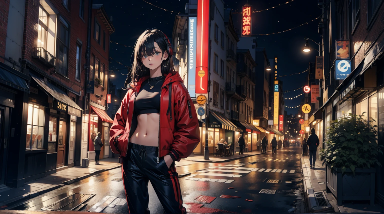 (best quality), ((masterpiece)), (highres), illustration, original, extremely detailed, 1girl, headphones, solo, hands in pockets, sky background, midriff, pants, blue eyes, hair over one eye, simple background, shoes, black hair, long hair, hood, full body, red jacket, looking at viewer, hoodie, sneakers, hoop earrings, crop top, red pants, standing, jacket, baggy pants, dark-skinned female, breasts, closed mouth，night Sky, night, rooftop ,