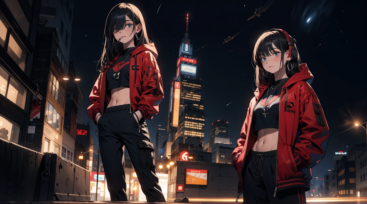 (best quality), ((masterpiece)), (highres), illustration, original, extremely detailed, 1girl, headphones, solo, hands in pockets, sky background, midriff, pants, blue eyes, hair over one eye, simple background, shoes, black hair, long hair, hood, full body, red jacket, looking at viewer, hoodie, sneakers, hoop earrings, crop top, red pants, standing, jacket, baggy pants, dark-skinned female, breasts, closed mouth，night Sky, night, rooftop ,