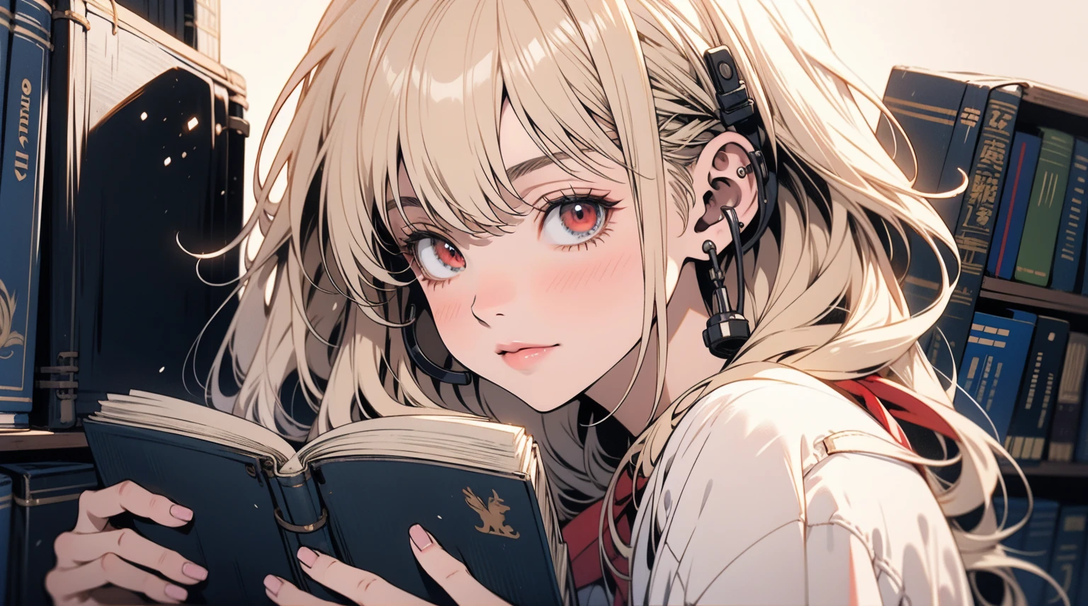 (best quality), ((masterpiece)), (highres), illustration, original, extremely detailed ,1anime girl,wearing headphone, in a library with a book shelf full of books, librarian, kantai collection style, background = library, library background, in a library, the librarian, visual novel cg, dusty library, kawacy, ; visual novel, young anime girl, lofi girl, visual novel, infinite library,