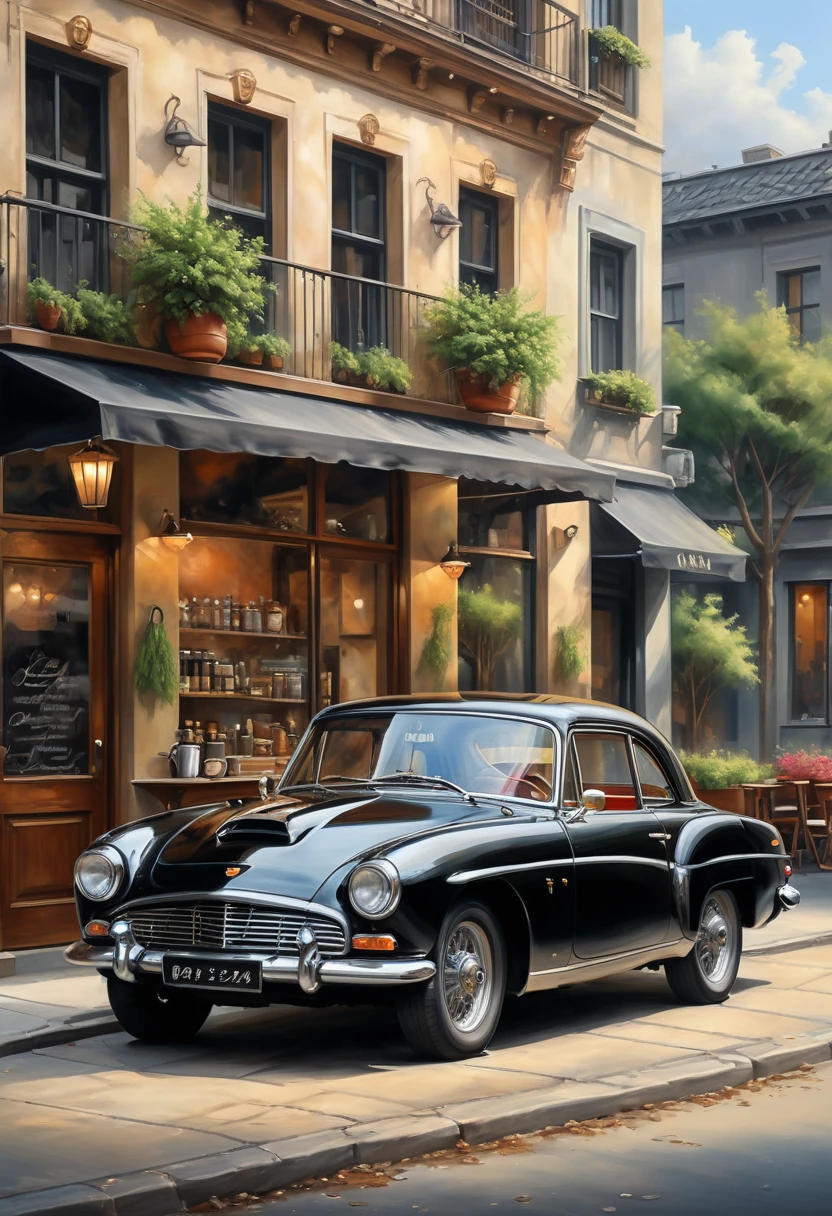   ( perfect anatomy )masterpiece, Exquisite, delicate, fresh and elegant aesthetic style airbrush digital oil painting exquisite artwork creates a refreshing morning coffee shop scene photo，

                  black classic car(Unique style)特寫black classic car( perfect anatomy ) Elegantly parked on the street next to a coffee shop.coffee shop scene masterpiece,

                             Very detailed, Realistic original photos, Best film quality, Extremely fine texture, High-quality work by a master artist
