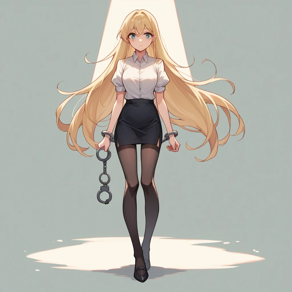 black pencil skirt,White shirt with rolled up sleeves,Put your hands behind your back,restraints,Chain the body, blonde hair, Very long hair, straight hair, Cute, Slim body, thin legs, Black thigh high stockings, Nylon stockings, Hands in handcuffs, amrs togather, masochistic, full body