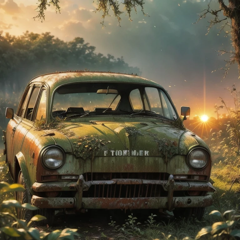 A rusty car covered in moss and vegetation, Signs of decay,Car Graveyard,Sunset,End,photography