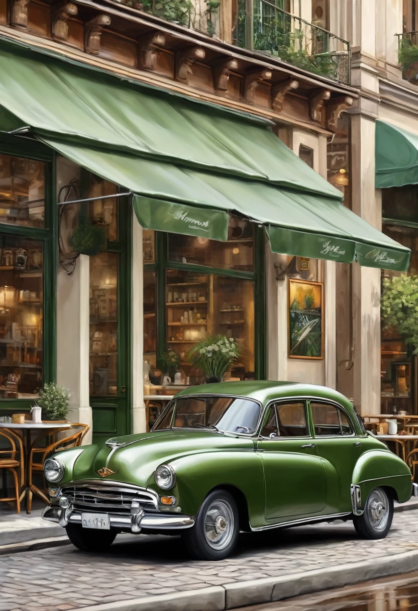   ( perfect anatomy )masterpiece, Exquisite, delicate, fresh and elegant aesthetic style airbrush digital oil painting exquisite artwork creates a refreshing morning coffee shop scene photo，

                Army green classic car(Unique style)特寫Army green classic car( perfect anatomy ) Elegantly parked on the street next to a coffee shop.coffee shop scene masterpiece,

                             Very detailed, Realistic original photos, Best film quality, Extremely fine texture, High-quality work by a master artist
