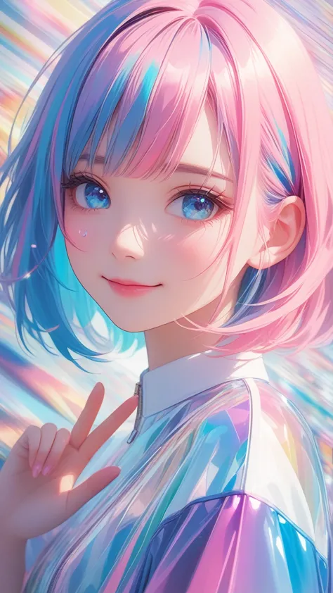 masterpiece, best quality, super wide angle, finger audience, 1girl, pink and blue hair, hand, cute anime face, tears, transpare...