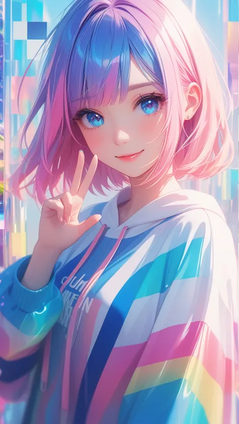 masterpiece, best quality, super wide angle, finger audience, 1girl, pink and blue hair, hand, cute anime face, tears, transpare...