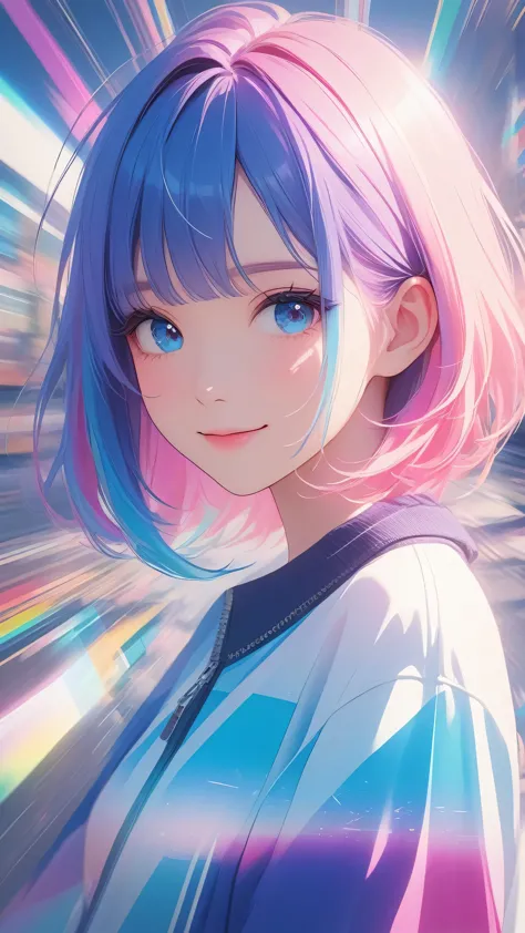 masterpiece, best quality, super wide angle, finger audience, 1girl, pink and blue hair, hand, cute anime face, tears, transpare...