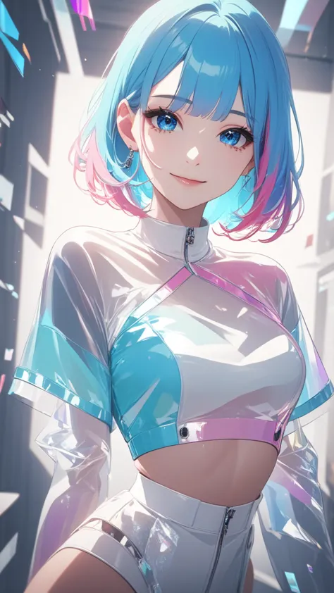 masterpiece, best quality, super wide angle, finger audience, 1girl, pink and blue hair, hand, cute anime face, tears, transpare...