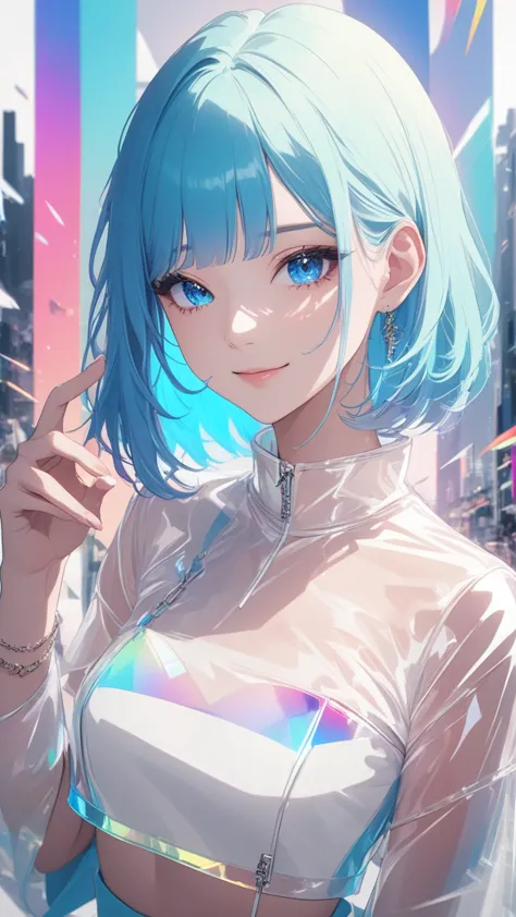 masterpiece, best quality, super wide angle, finger audience, 1girl, pink and blue hair, hand, cute anime face, tears, transpare...