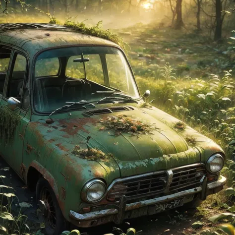 a rusty car covered in moss and vegetation, signs of decay,car graveyard,sunset,end,photography