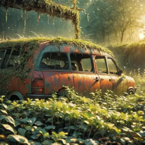 a rusty car covered in moss and vegetation, signs of decay,car graveyard,sunset,end,photography