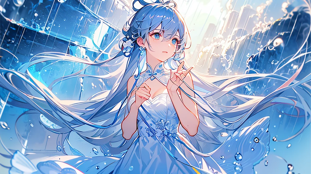 (masterpiece,best quality:1.4), high resolution,super fine illustration, detailed skin, detailed face, detailed eyes,"Create an illustration of Luo Tianyi, a virtual singer with long silver hair and a blue and white outfit, standing under a light rain. She is holding a light-colored umbrella in one hand while gently extending the other hand to feel the raindrops. The scene is set with a wide shot, showing a soft, cloudy sky and raindrops falling around her. The background is a calm, urban landscape with wet streets reflecting the city lights, adding a serene and peaceful atmosphere to the image."