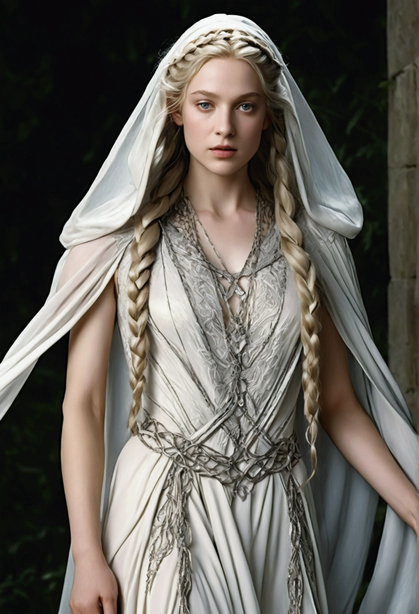 Full body portrait of Galadriel, 16yo elf woman, beautiful, pale white skin, bright grey eyes, very long golden hair with silver highlights, multiple complex braids,
Gossamer translucent white flowing gown showing nude body, white hooded cape, circlet, 
Forest landscape, dynamic poses,
Analog film print, highly detailed, hyperrealist, photorealist, photograph by Annie Leibovitz 