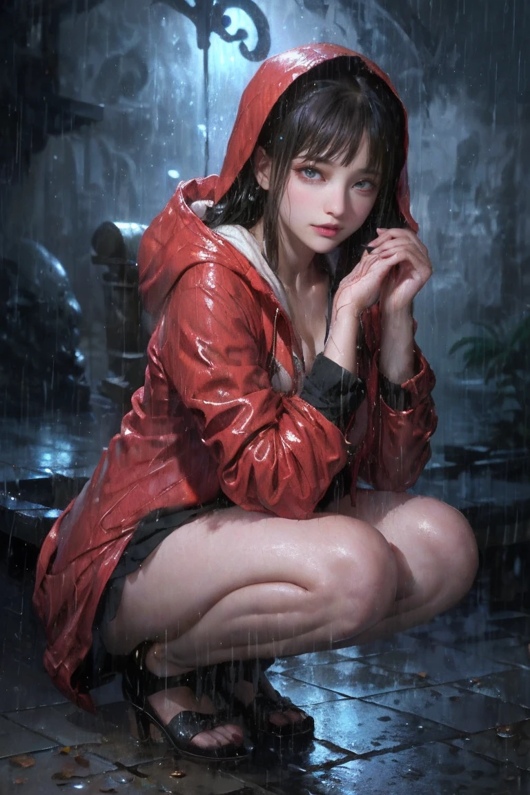 upper body,(masterpiece:1.2, best quality), (real picture, intricate details), (night, dark, downpour:1.4)
A young sad woman sitting in the alley crying and sobbing almost heart broken, the surroundings were silent, only the raindrops sprinkled on the tile eaves of the low houses near and far, making a slight rustling sound. In the cold rain, (1girl, red wet hooded jacket,  sad, perfect eyes:1.2) squatting on the ground,