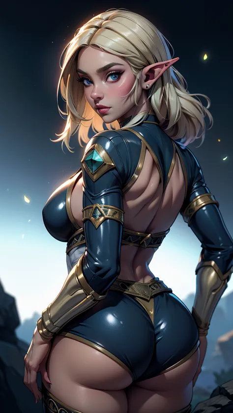 ((masterpiece, best-quality, ultra_detailed)), female elf dressed in latex booty shorts, gorgeous, attractive, african, voluptuo...