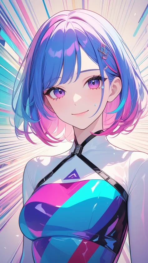 masterpiece, best quality, super wide angle, finger audience, 1girl,bodysuit ,pink and blue hair, hand, cute anime face, tears, ...