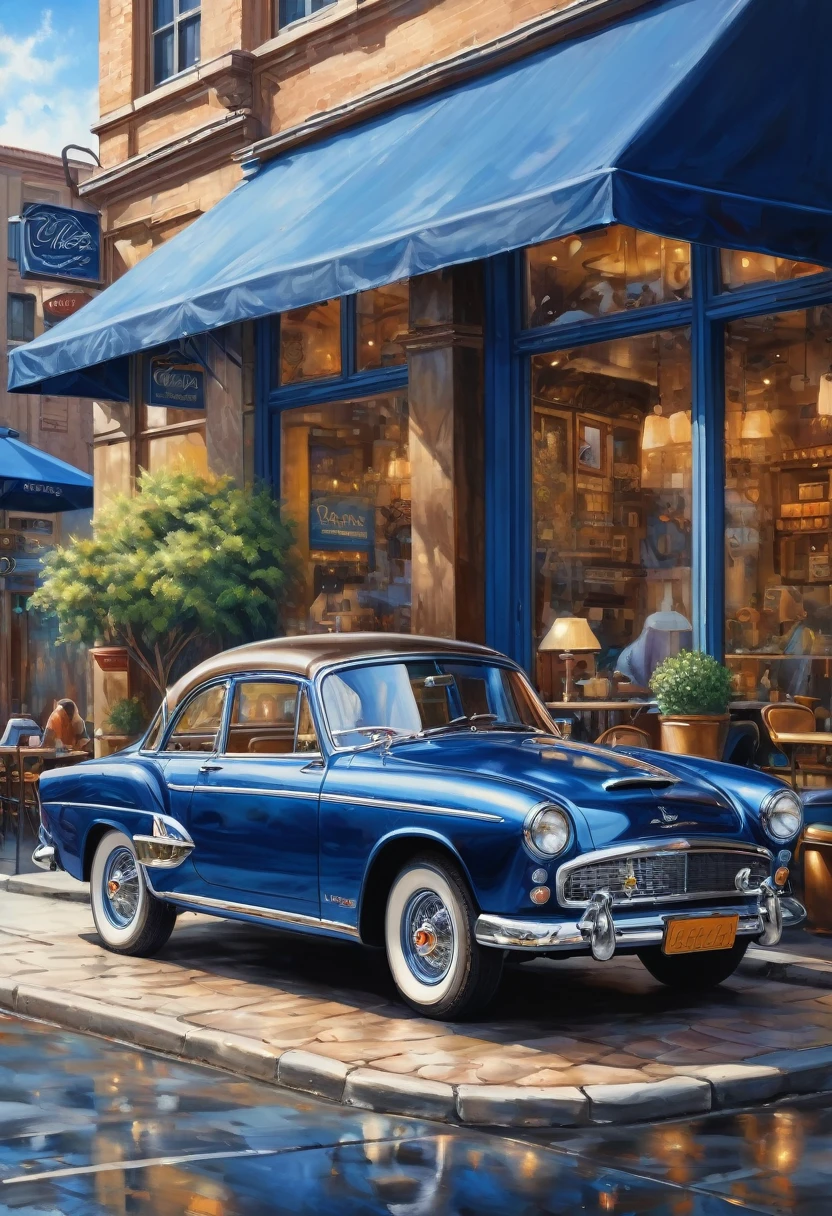   ( perfect anatomy )masterpiece, Exquisite, delicate, fresh and elegant aesthetic style airbrush digital oil painting exquisite artwork creates a refreshing morning coffee shop scene photo，

                Deep blue classic car(Unique style)特寫 Deep blue classic car( perfect anatomy ) Elegantly parked on the street next to a coffee shop.coffee shop scene masterpiece,

                             Very detailed, Realistic original photos, Best film quality, Extremely fine texture, High-quality work by a master artist
