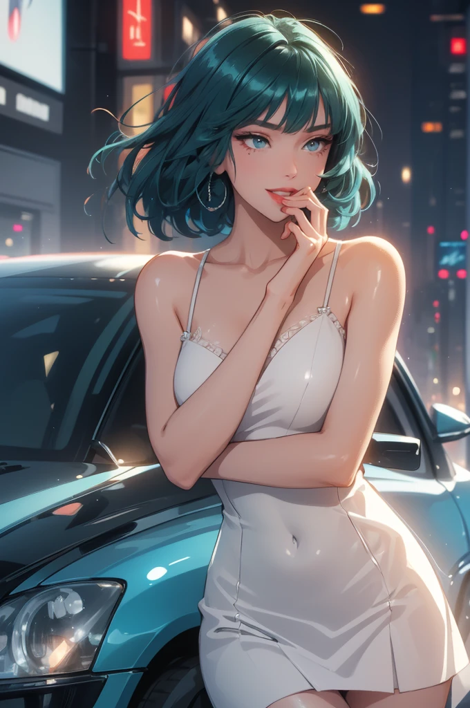 1girl,a beautiful fashion model ,(masterpiece, detailed background, best quality),short and shiny hair, blue green hair, hair with highlights, bangs, smirk,juicy lips,red lips, calmart, lingerie, stripping, elegant makeup, blue eyes, full body shot, (shiny skin), cyberpunk, sci fi, boa, extravagant jewelry, cocky expression, covered in jewelry, fancy, white dress, ((hand covering mouth, smug, discrete laughter)), perfect hand, five fingers