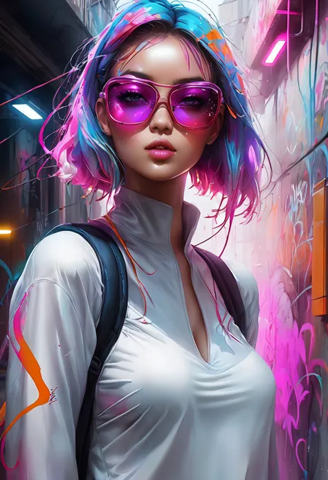 design a digital art piece，featuring a futuristic femme fatale，stylish design, reflective glass glasses and a smooth, high-tech ...