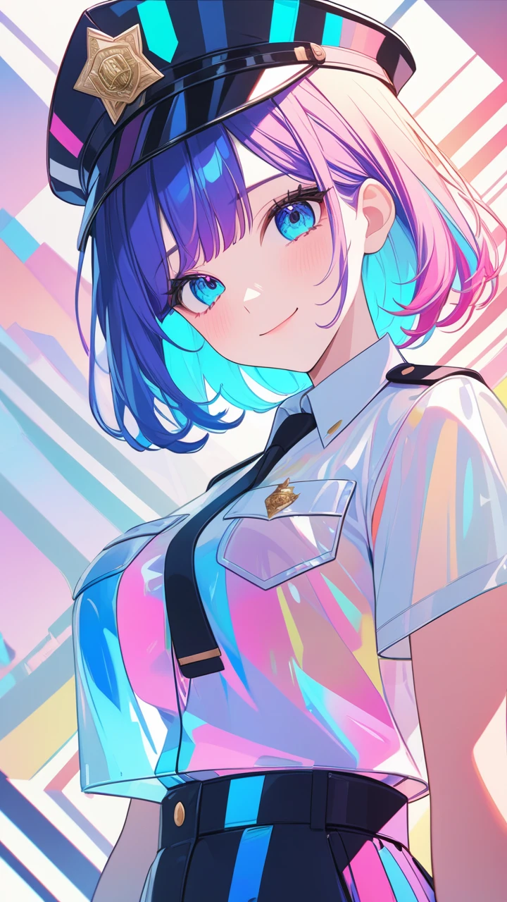 masterpiece, best quality, super wide angle, police uniform, police hat,pink and blue hair, cute anime face, tears, transparent color PVC clothing, transparent color vinyl clothing, whole body, glitchlump}onface, smile,medium hair, film grain, lens flare, colorful,chromati caberration, dynamicpov, closed mouth, Intense emotional expression:death, glitchart, ultra detailed, extremely delicate and beautiful, album cover, album, album description, Pixilation on face, Double exposure, Chromatic Aberration, Light leaks, Noise and grain, Color degradation, Glitch lettering, art, abstractart, geometry, clear lines, squares, bright, limited palette,{canonical composition}, neat diagonal striped background, {{blue with white striped background}},{limited palette}, flatvcolored,blue and white,