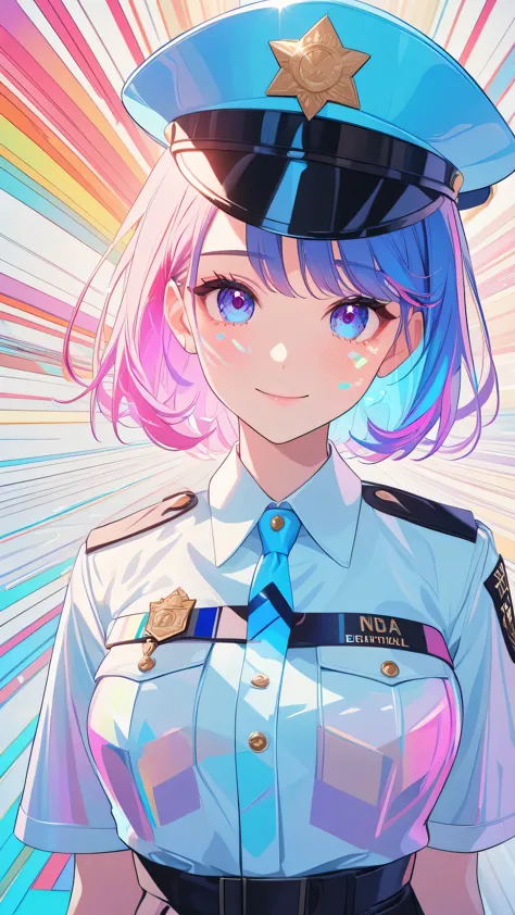 masterpiece, best quality, super wide angle, police uniform, police hat,pink and blue hair, cute anime face, tears, transparent ...