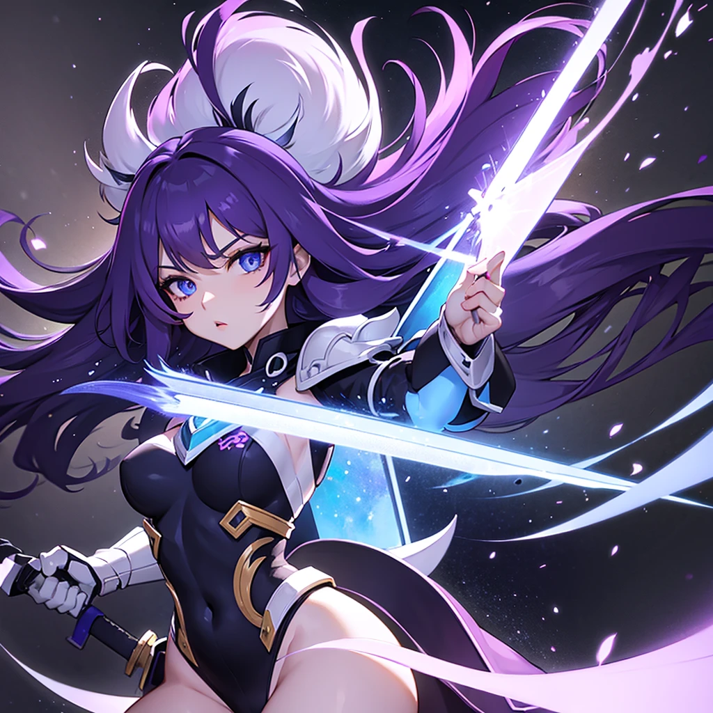 purple hair and white fur, shiny blue eyes, dark armor, cosmic powers, sword