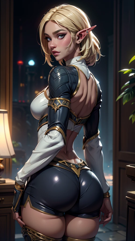 ((masterpiece, best-quality, ultra_detailed)), female elf dressed in latex booty shorts, gorgeous, attractive, african, voluptuous, ample hips, insanelydetailedaccentuatedbigbooty, ((flirty)), looking back at viewer, portrait, photography, detailed skin, Realistic, photorealistic, 8k, highly detailed, full-length frame, HIGH RAW detail color art, piercing, diffused soft lighting, shallow depth of field, sharp focus, shallow depth of field, hyperrealism, cinematic lighting