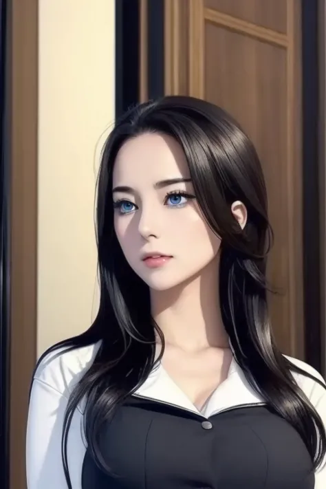 best quality at best,,reslisticstyle,colossal tits:1.5, shin yuna, black hair, long straight hair,  blue eyes