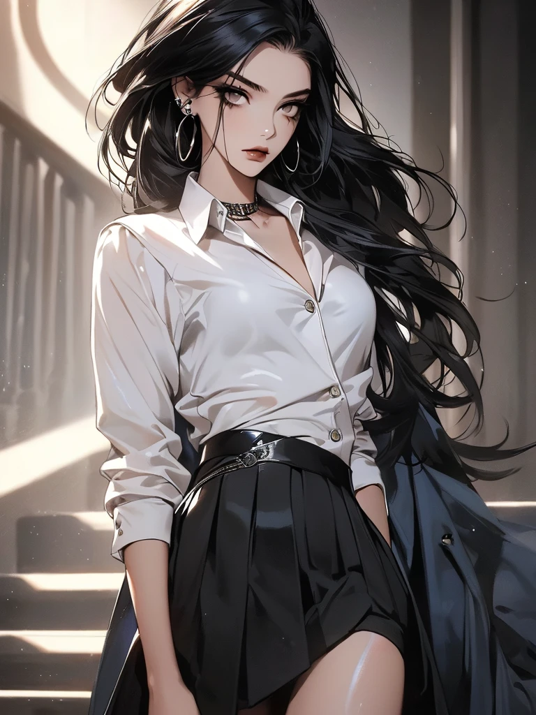 (best quality: 1.2), clean face, (masterpiece: 1.2, 8k) perfect anatomy, 1 girl) a beautiful fashion model ,(masterpiece, official art, best quality shiny hair, straight black hair with streaks in hair, full lips, small breasts, blazer school uniform, short skirt, thong straps, (dark makeup, piercings), shiny breasts,shiny skin, looking at viewer, college student, horizontal, lounging, a single girl, scene haircut, dark makeup, dark eyes, (slender, skinny, slight frame, small breasts), ((emo, scene))