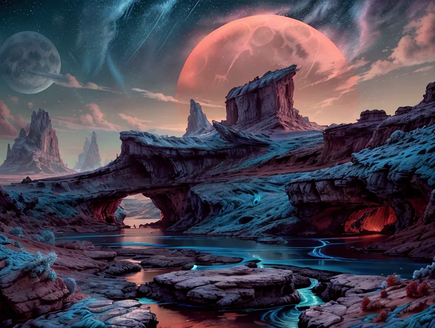 a magical night sky with a teal moon, a beautiful orange stream flowing through the cream colored landscape, detailed red clouds...