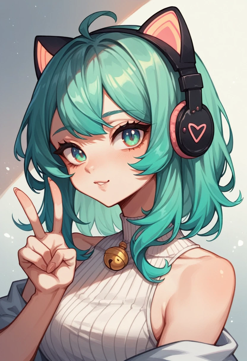 1girl, portrait, abstract, vtuber, looking at viewer, medium hair, white, peace fingers,Anatomically correct body,long hair,Unique character design,Natural Light,Natural texture,Turquoise hair,Cat ear headphones,Bird&#39;s-eye view,Fujifilm,Masterpiece,