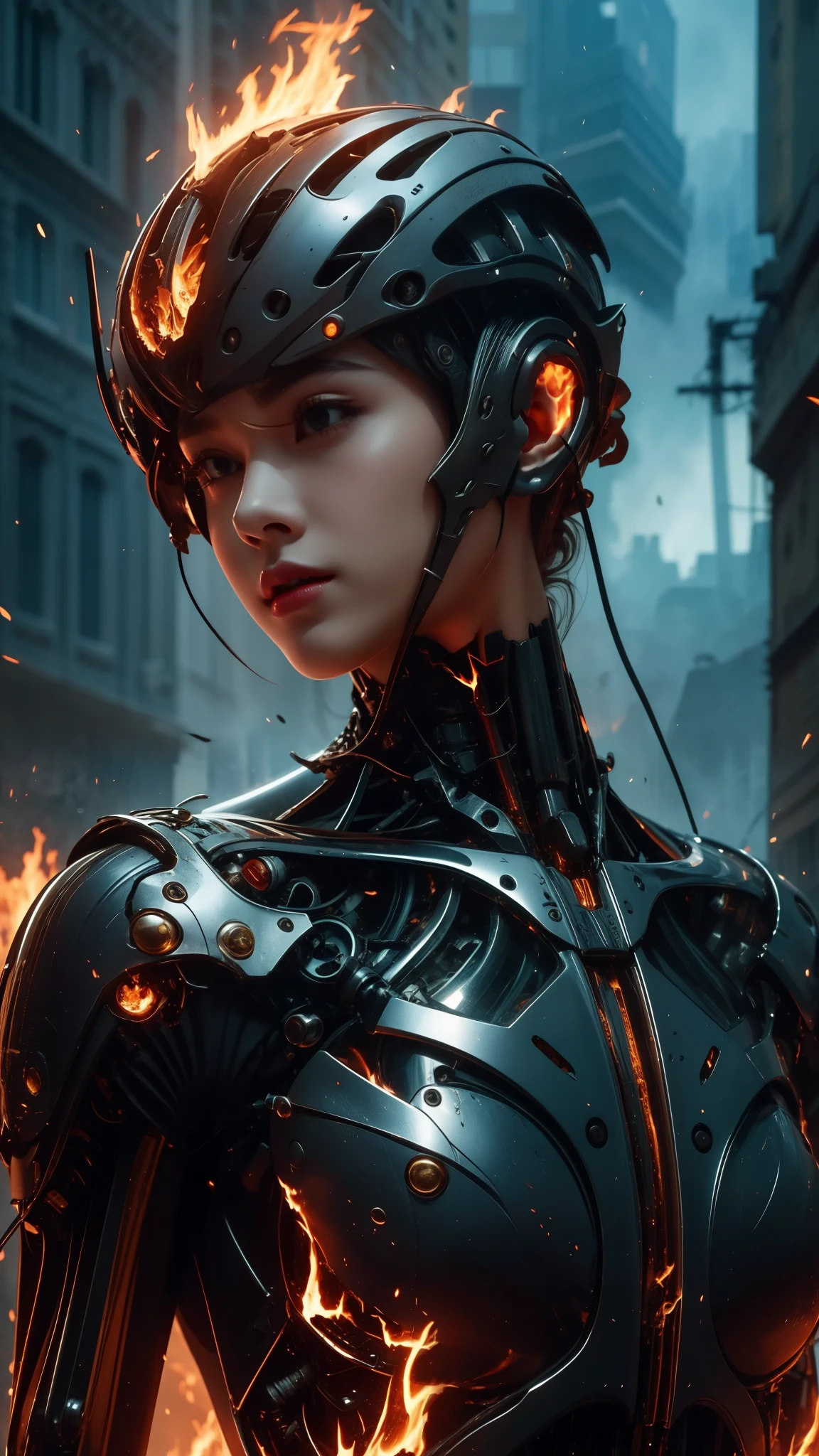 woman face, mechanical and animal like body, on fire, floating, city,