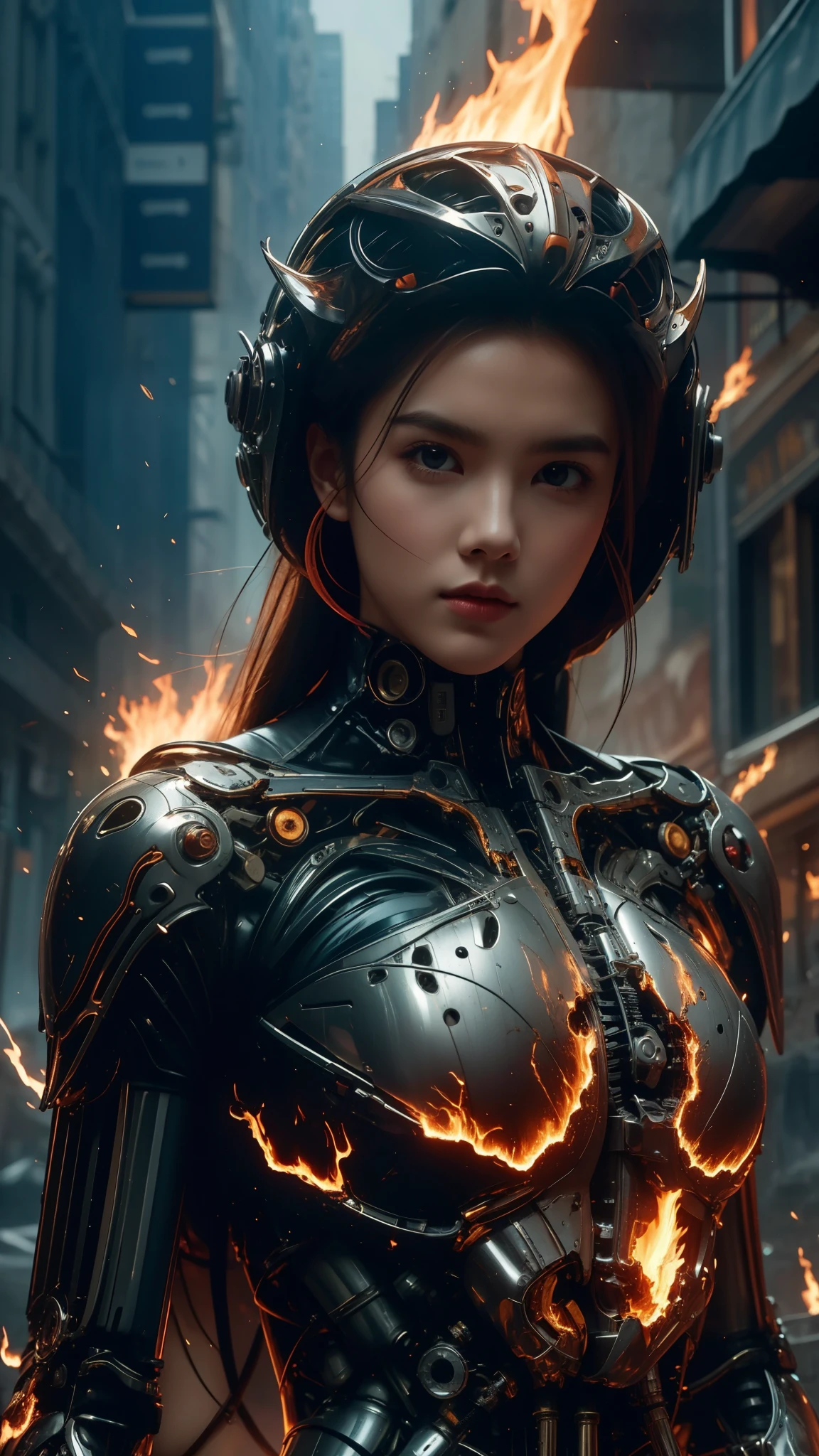 woman face, mechanical and animal like body, on fire, floating, city,