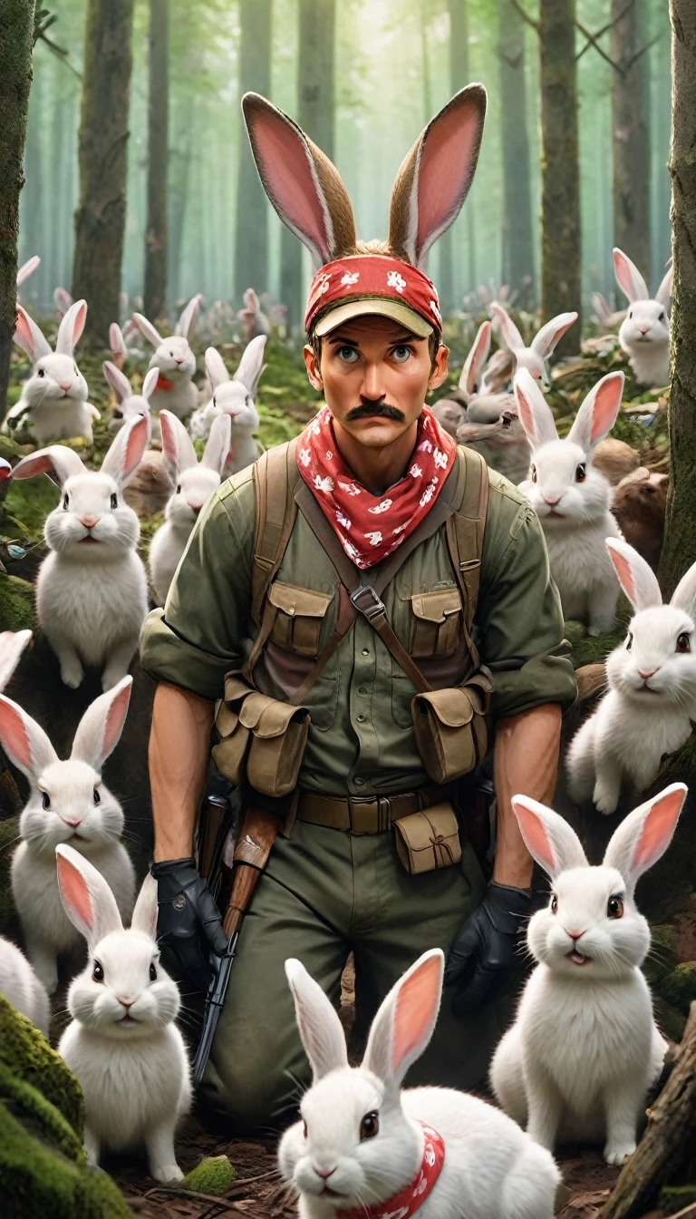 "A comical scene of the leader in hunting gear, looking bewildered as a horde of animated, mischievous rabbits, wearing tiny bandanas, launch a surprise attack on him in a forest.