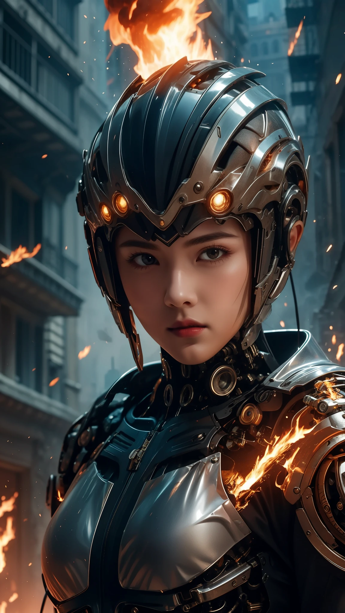 woman face, mechanical and animal like body, on fire, floating, city,