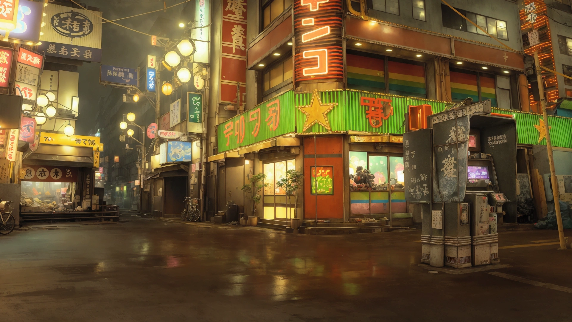 一张Anime style的东京街头小巷场景，There are phone booths and neon lights,building with many neon signs，More details of neon signs，Detailed Details，Garbage pile in the corner，trash bag，snack shop sign，Tokyo alley，Tokyo Anime Scene, Japan市中心, Tokyo style, Neon Tokyo, new tokyo，City streets are lit up at night，, City streets with movie lights, , Tokyo Anime Scene,  new tokyo背景, Unreal Engine, Tokyo street background, Japan. Volumetric Lighting, Realistic street scenes，Anime style，Thick coating style，Hand-drawn style