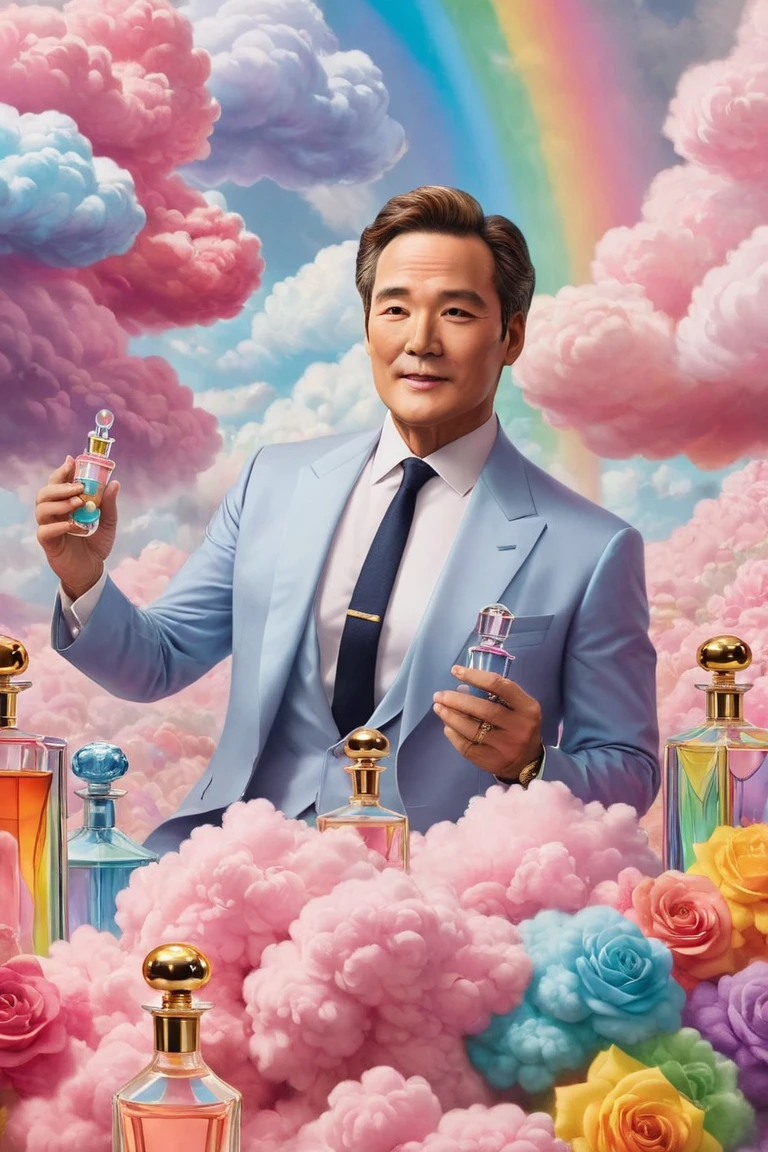 "A lavish scene with the leader surrounded by towering, comically oversized perfume bottles, each emitting a rainbow of scented clouds, while the leader looks on with a playful smirk."