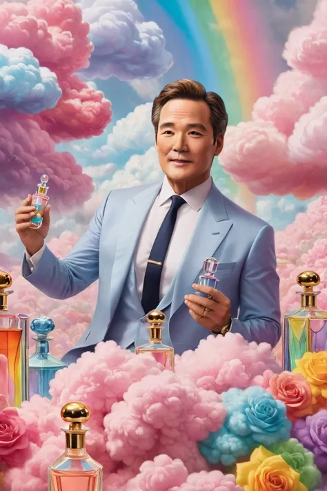 "a lavish scene with the leader surrounded by towering, comically oversized perfume bottles, each emitting a rainbow of scented ...