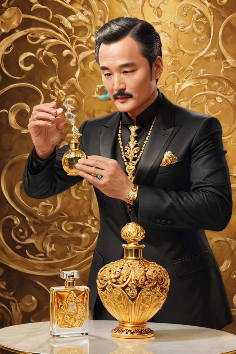 "The leader applying perfume from an extravagant, golden bottle with exaggerated elegance, while cartoonish fragrance trails form whimsical shapes and patterns around him."