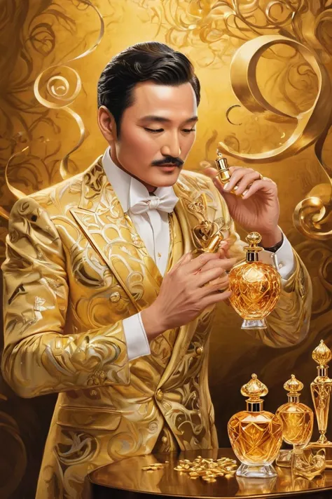 "the leader applying perfume from an extravagant, golden bottle with exaggerated elegance, while cartoonish fragrance trails for...