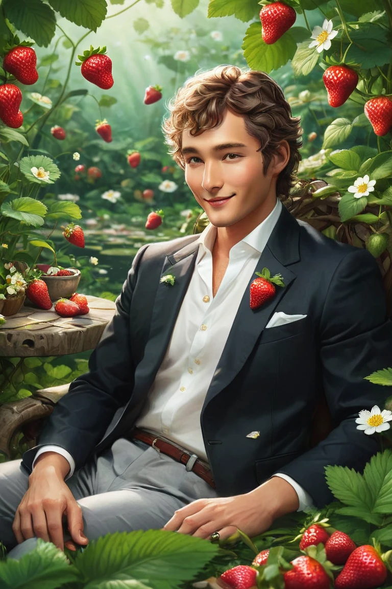 "The leader lounging in a whimsical garden with strawberries magically floating around him, as if he’s in a fairytale, blissfully enjoying his favorite fruit with a satisfied smile."