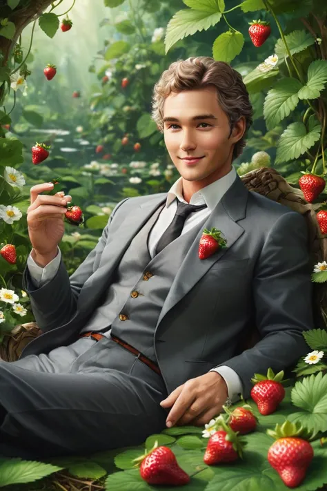 "the leader lounging in a whimsical garden with strawberries magically floating around him, as if he’s in a fairytale, blissfull...