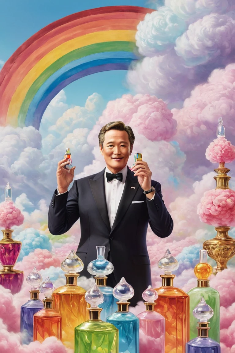 "A lavish scene with the leader surrounded by towering, comically oversized perfume bottles, each emitting a rainbow of scented clouds, while the leader looks on with a playful smirk."