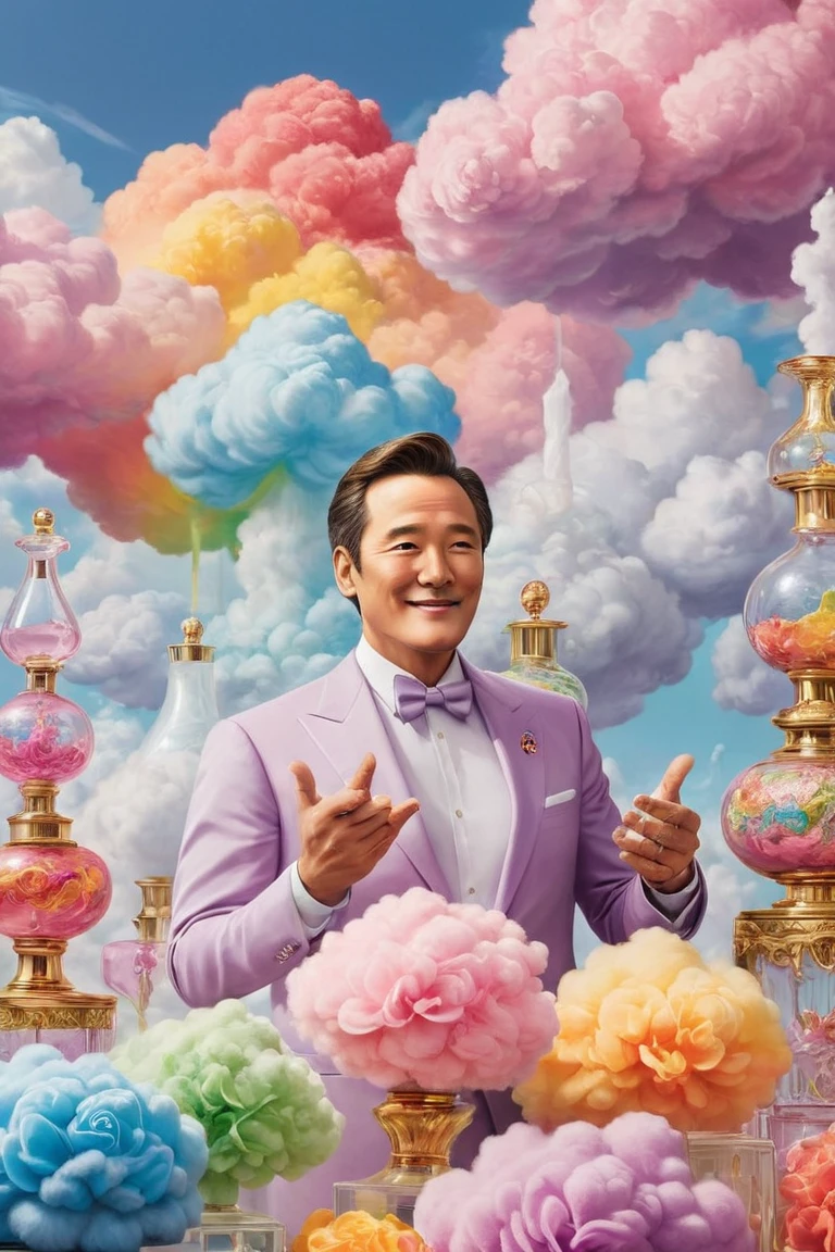 "A lavish scene with the leader surrounded by towering, comically oversized perfume bottles, each emitting a rainbow of scented clouds, while the leader looks on with a playful smirk."