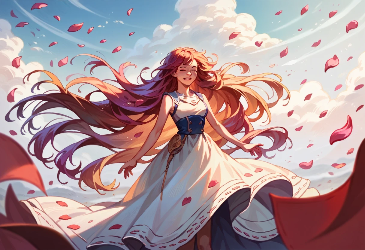  Wind, Fluttering petals,,Random color hair, Super long hair, Wavy, One person, detailed, Complex,(2D:1), (masterpiece, Awards, Highest quality:1.25),